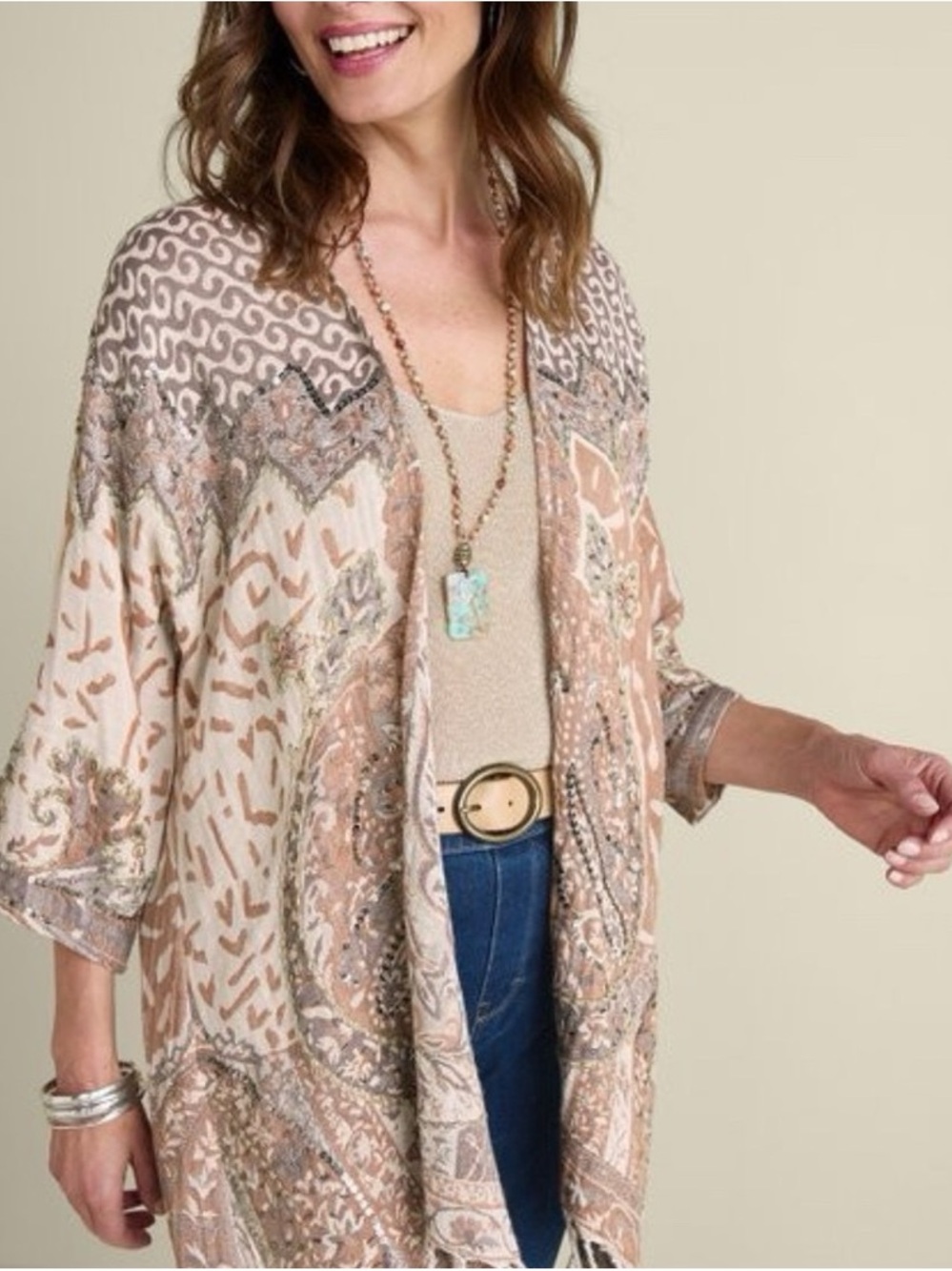 Soft Surroundings Chaucer Topper Duster Beaded Paisley Kimono Embellished L/XL